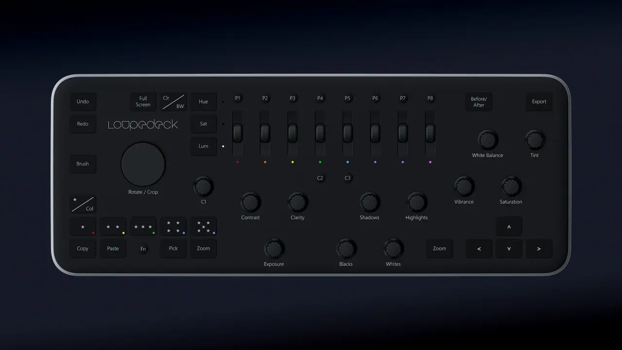 Loupedeck photo-editing console on a dark background