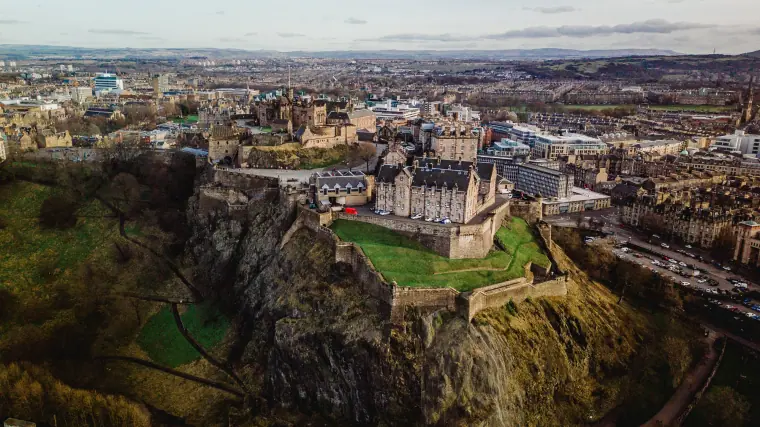 Aerial view of Edinburgh Castle on its rocky crag above the city