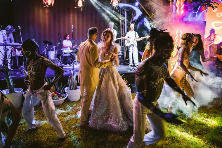 Kenton and Hassiba dancing with guests before a live band at Kentiba Fest, Ibiza
