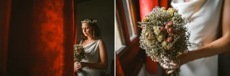 Two-photo collage: bride by a red-curtained window and a close-up of her dried-flower bouquet