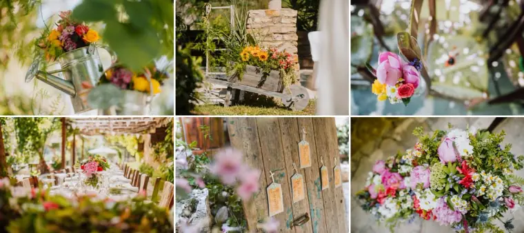 Collage of rustic floral details, from flower-filled watering cans to table signs, at Vasilias Nikoklis Inn