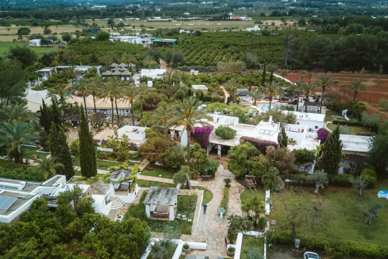 Aerial view of Atzaro agroturismo among orange groves and palms in Ibiza