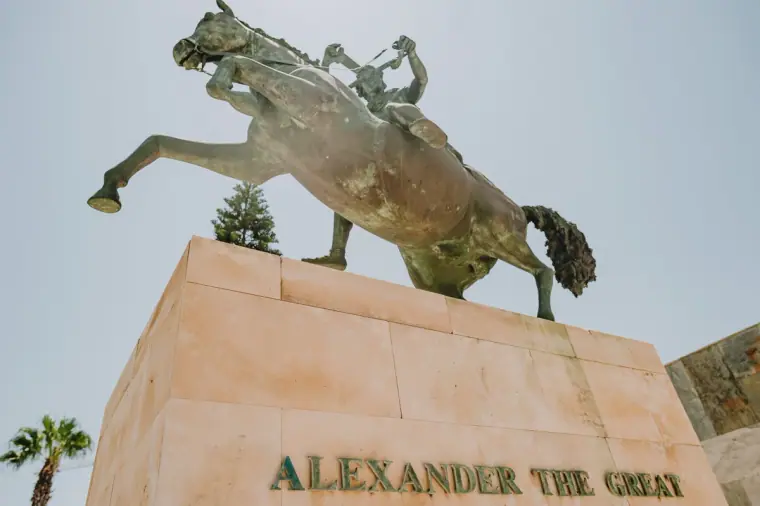 Bronze horse-and-rider statue on a plinth marked Alexander the Great, Paphos