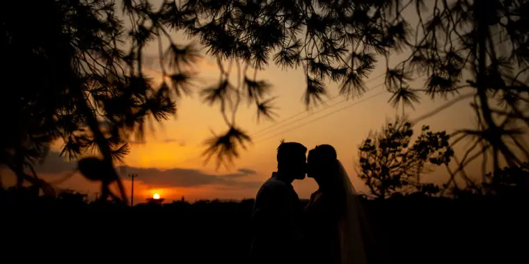 Silhouette of a couple kissing beneath pine branches at sunset