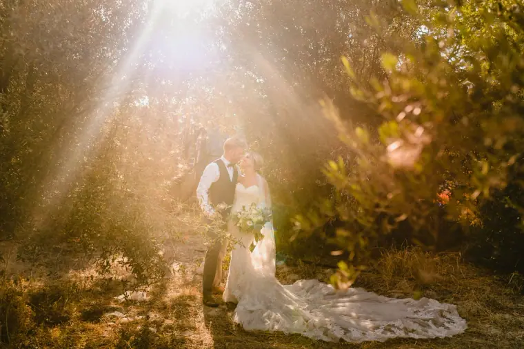 Couple in golden haze with sunbeams streaming through trees, her lace train spread out