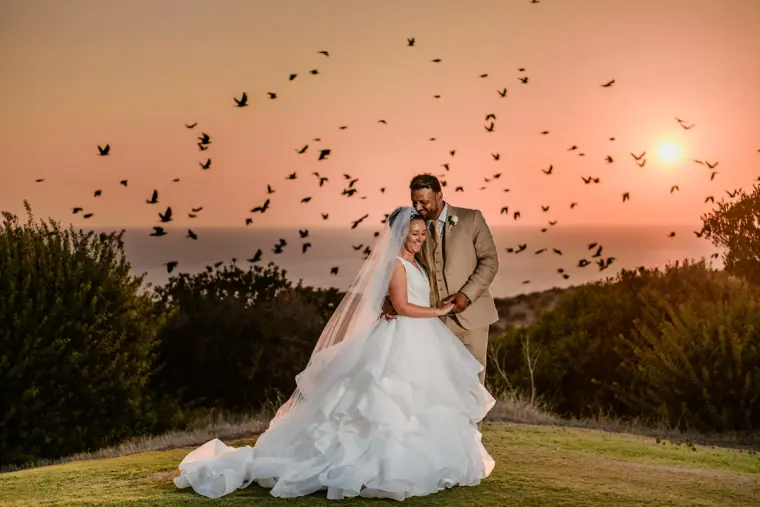 Bride and groom on a hilltop as a flock of birds flies across a sunset sky