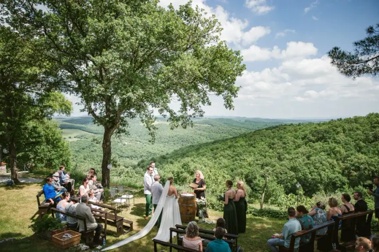 Outdoor ceremony under a large tree with guests and a sweeping green valley view