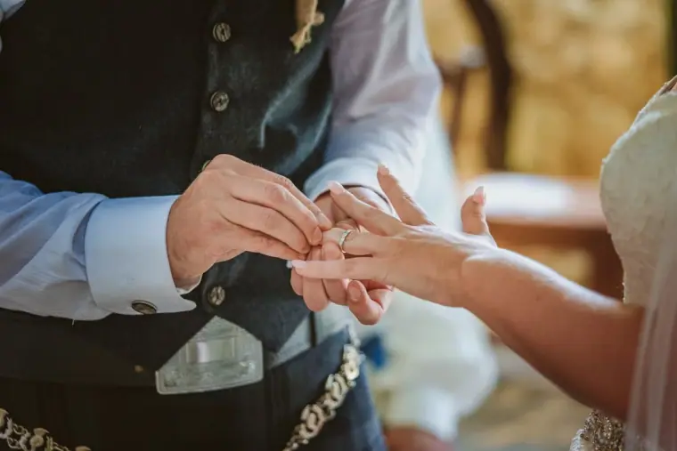 Groom sliding the wedding ring onto the bride's finger