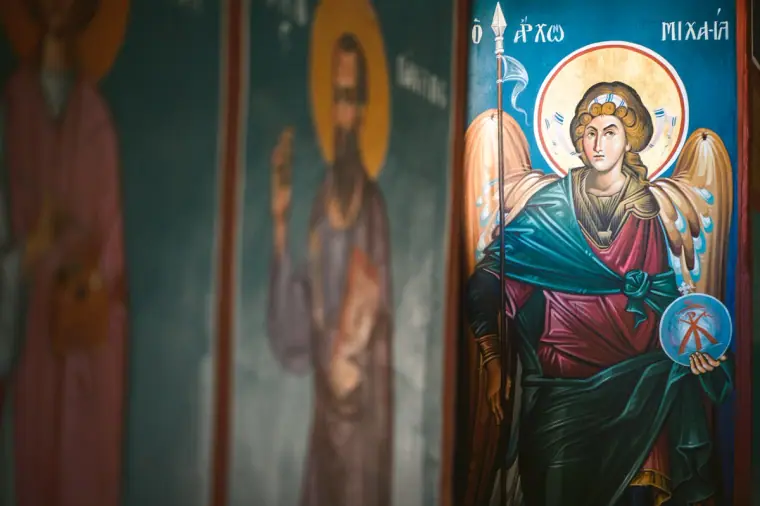 Painted Orthodox icons of saints on a church wall, Anassa, Cyprus