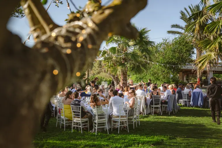 Guests at long tables for the garden wedding lunch, seen past a tree trunk