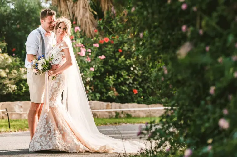 Amie and Graeme in the rose garden at golden hour, Vasilias Nikoklis Inn, Paphos