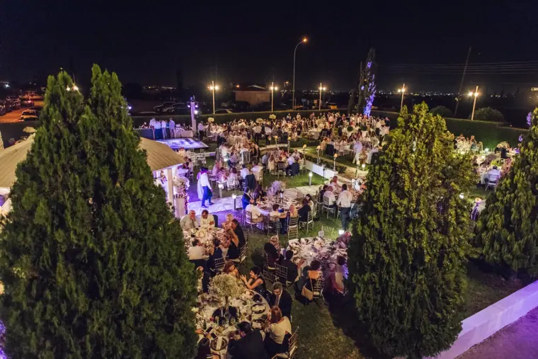 Night view over cypress trees of the busy reception lawn under purple lights
