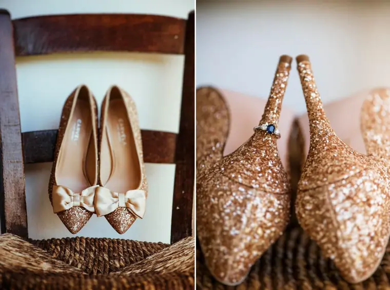 Pair of rose-gold glitter heels with bows, shown on a rush chair and in close-up