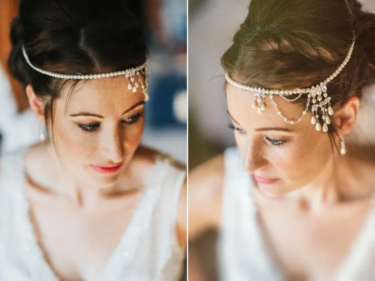 Two close-ups of the bride's beaded pearl headpiece and soft make-up