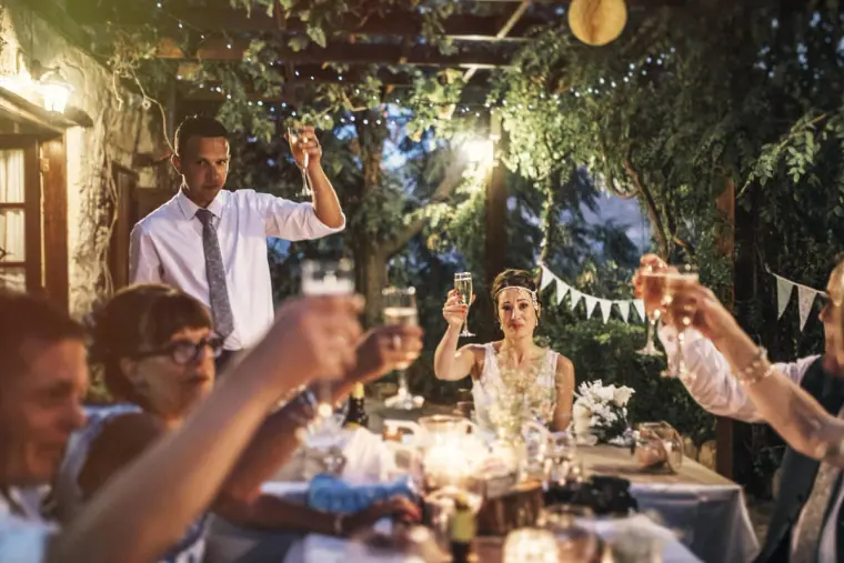 Guests raising glasses to the couple during the speeches under the pergola