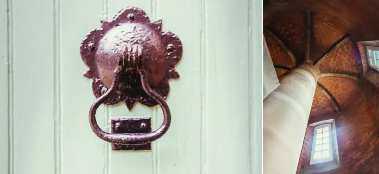 Diptych of an ornate door knocker and a spiral stair beneath a stained-glass window
