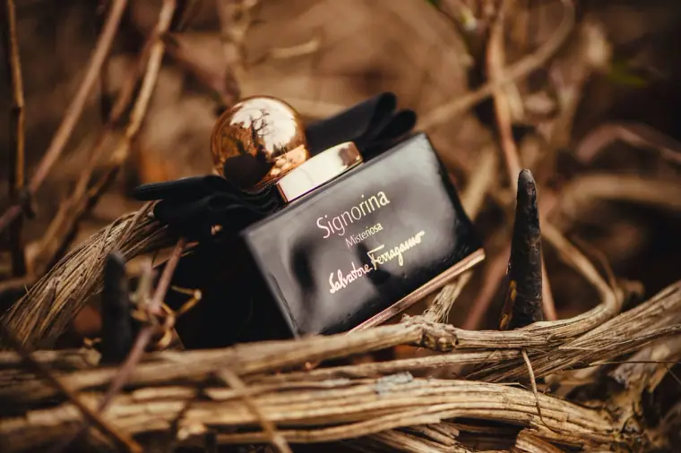 Salvatore Ferragamo Signorina perfume bottle nestled in twigs