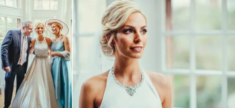 Diptych of the bride with her parents and a portrait of her in a crystal necklace