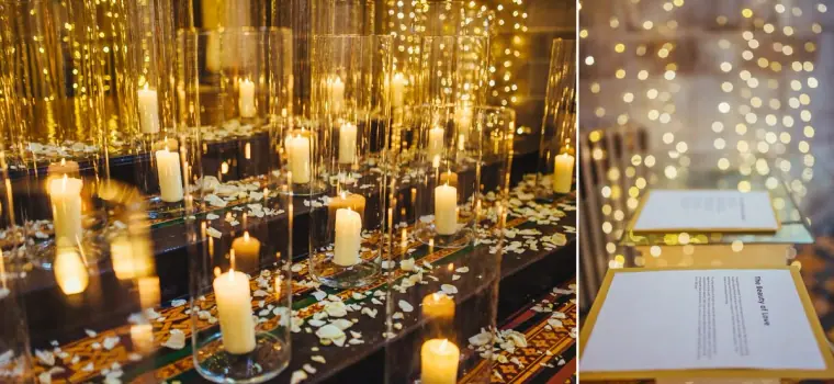 Diptych of candlelit reception tables and an order of service by fairy lights