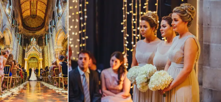Diptych of the illuminated aisle and bridesmaids holding white rose bouquets