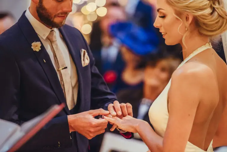 Groom sliding the wedding ring onto the bride's finger