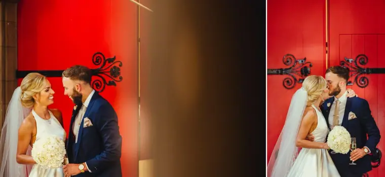Diptych of the couple in front of bright red church doors