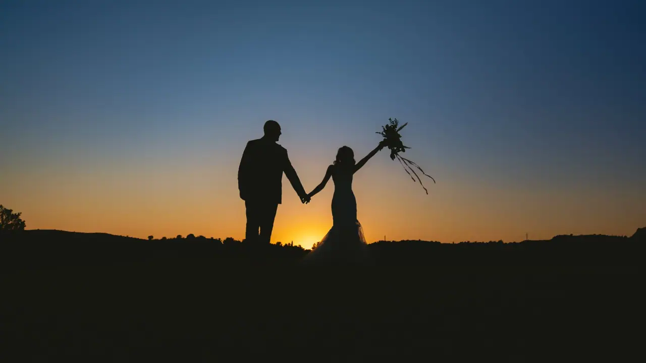 Emily and Chris silhouetted against a sunset sky, bouquet raised high, Minthis, Paphos