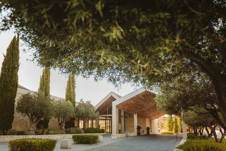Tree-shaded entrance to the Minthis resort lined with cypress trees