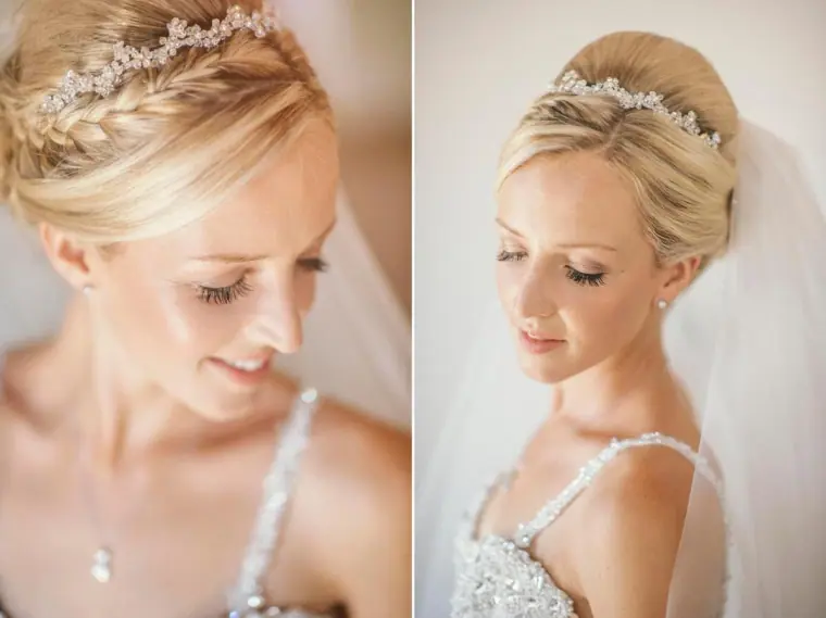Diptych of the bride with braided updo and tiara, looking down