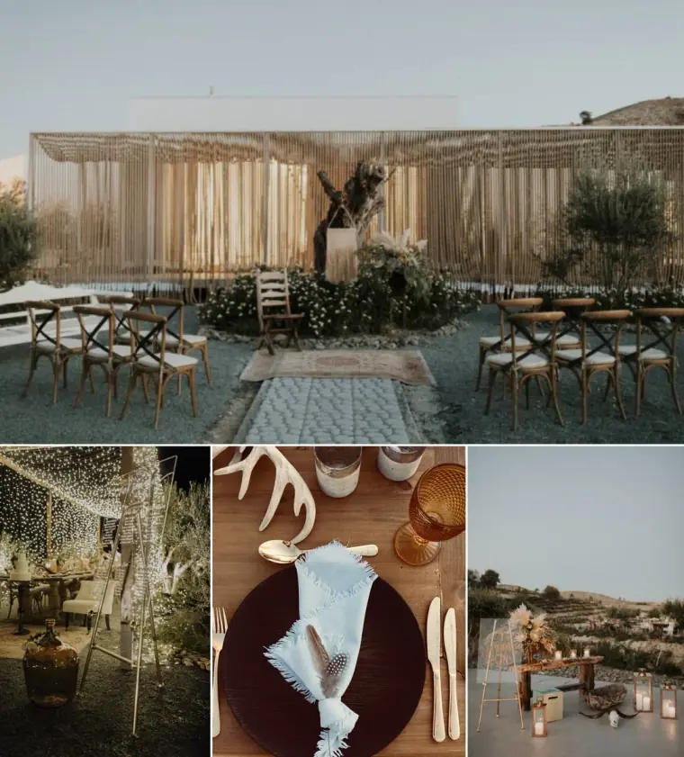 Collage of a draped outdoor pergola, fairy-lit dining table, burgundy place setting and candlelit terrace