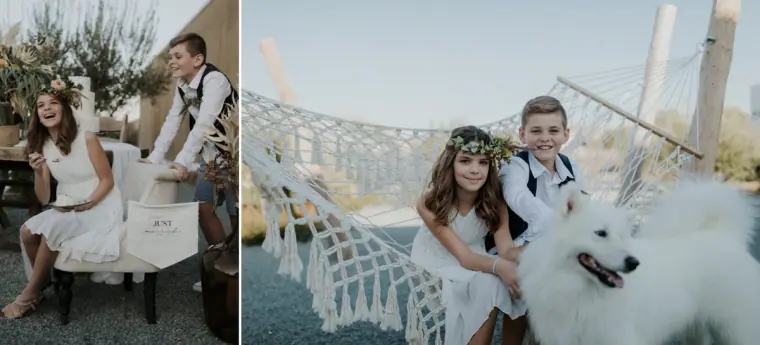 Collage of a boy and girl in flower crowns, a macramé hammock and a white Samoyed dog