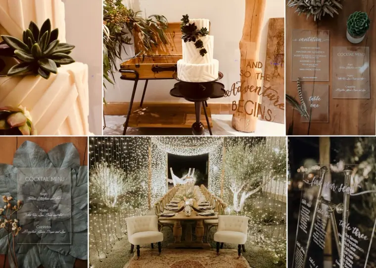 Collage of styled details: naked cake, wooden welcome sign, acrylic menu and fairy-lit table