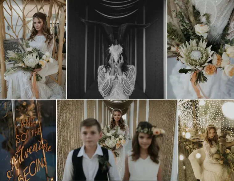 Collage of boho bridal styling with protea bouquets, wooden signage and children in flower crowns