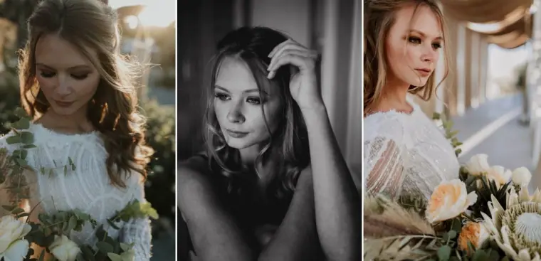 Collage of bridal portraits in a lace top, one in black and white, with a protea bouquet