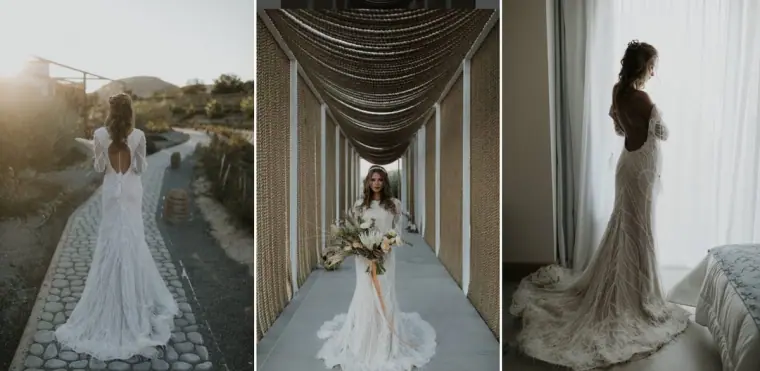 Collage of a bride in a lace gown on a cobbled path, a draped walkway and by a window