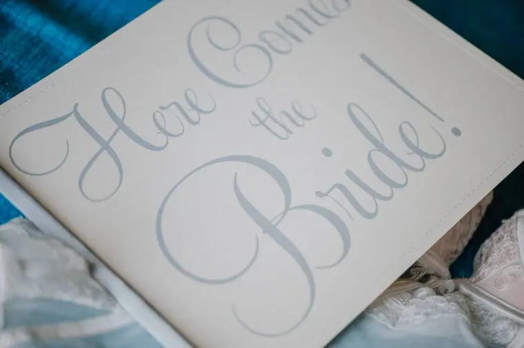 'Here comes the bride' card in silver script