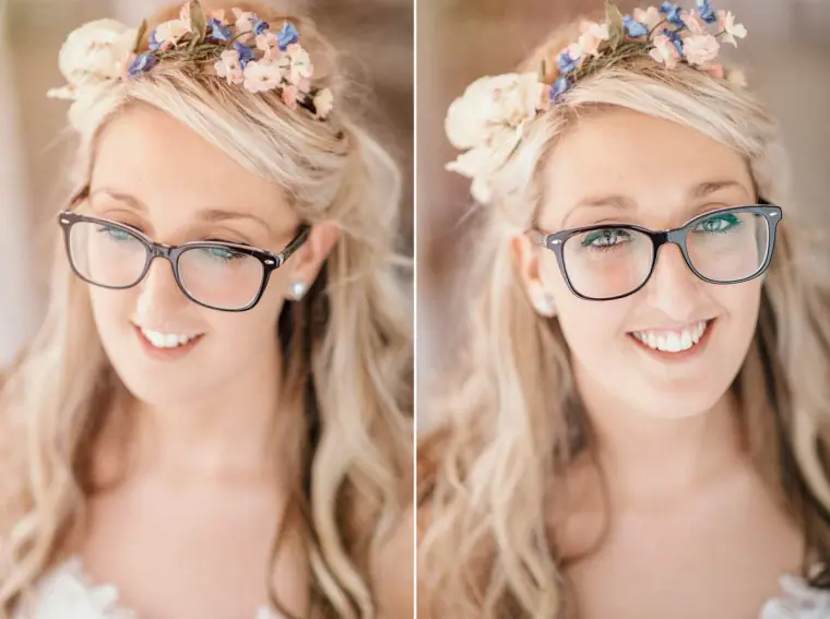 Pair of close-up portraits of the bride in glasses and a pastel flower crown