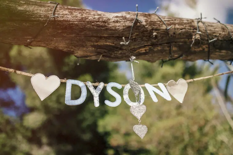Wooden heart garland spelling the couple's surname hanging from a branch