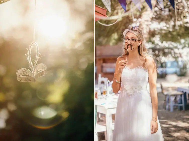Diptych of a fleur-de-lis ornament in sunlight and the bride holding a moustache prop