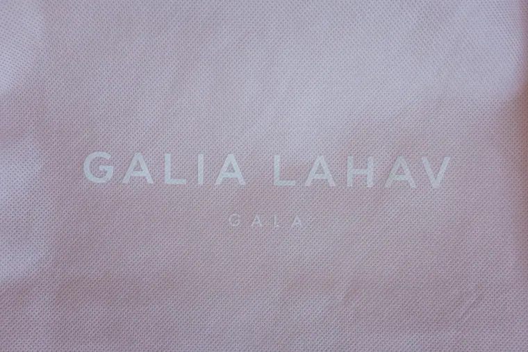 Galia Lahav logo on a blush garment bag