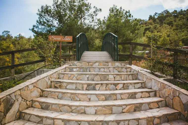 Stone steps leading up to a green footbridge among pine trees at Lexeko Estate