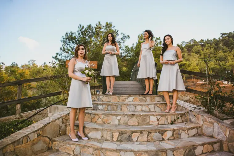 Bridesmaids in pale grey dresses lined up on stone steps among pine trees