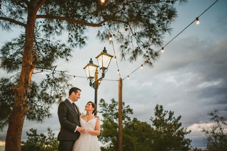Couple beneath festoon lights and a vintage lamp post among pines at Lexeko Estate