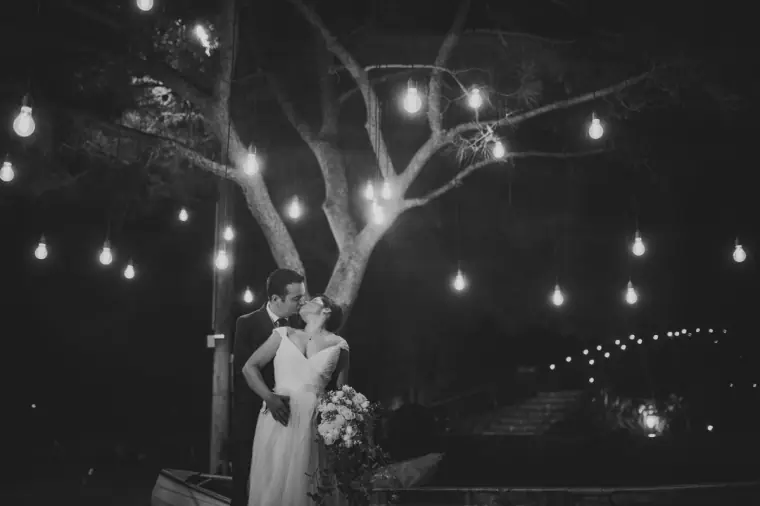 Black-and-white photo of the couple embracing beneath a tree hung with bulbs