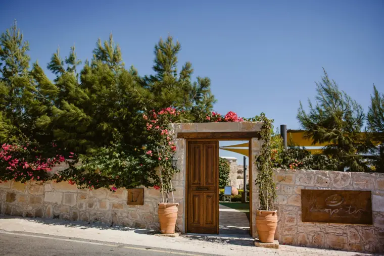 Wooden gate and stone wall with bougainvillea at the entrance to Liopetro, Kouklia