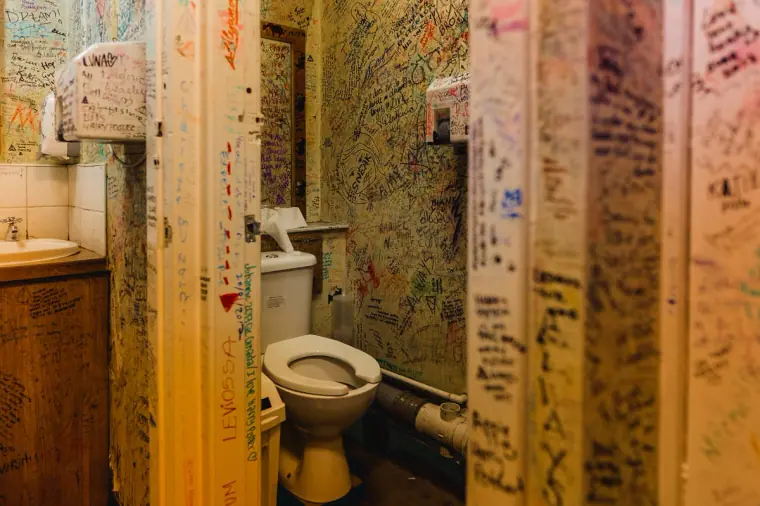 Narrow toilet cubicle at The Elephant House café with every wall covered in fan messages