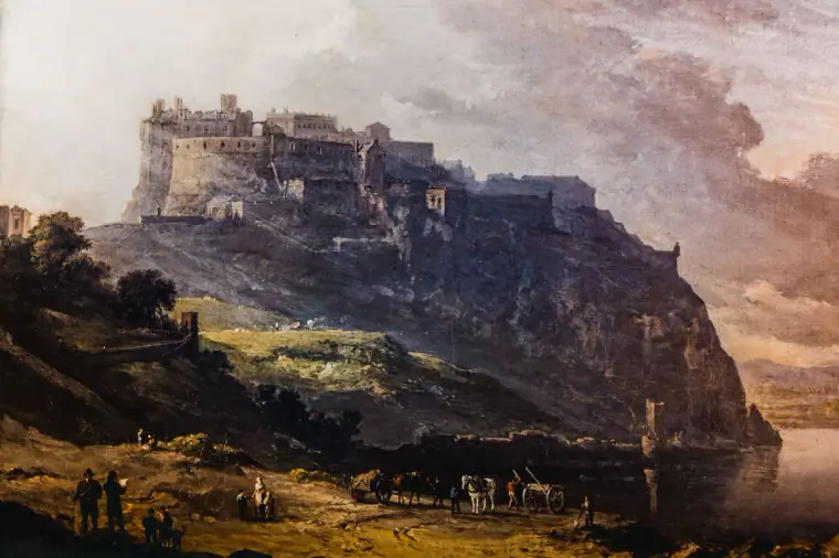 Historic oil painting of Edinburgh Castle on its rock beneath a dramatic sky