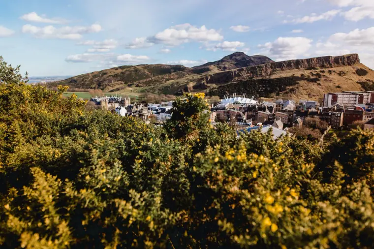 View across Edinburgh rooftops to Arthur's Seat and Salisbury Crags