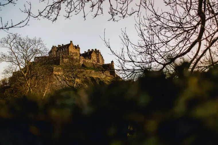 Edinburgh Castle on its rock at dusk, framed by bare branches