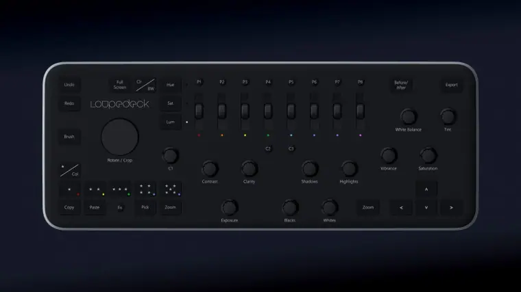 Loupedeck photo editing console on a dark background